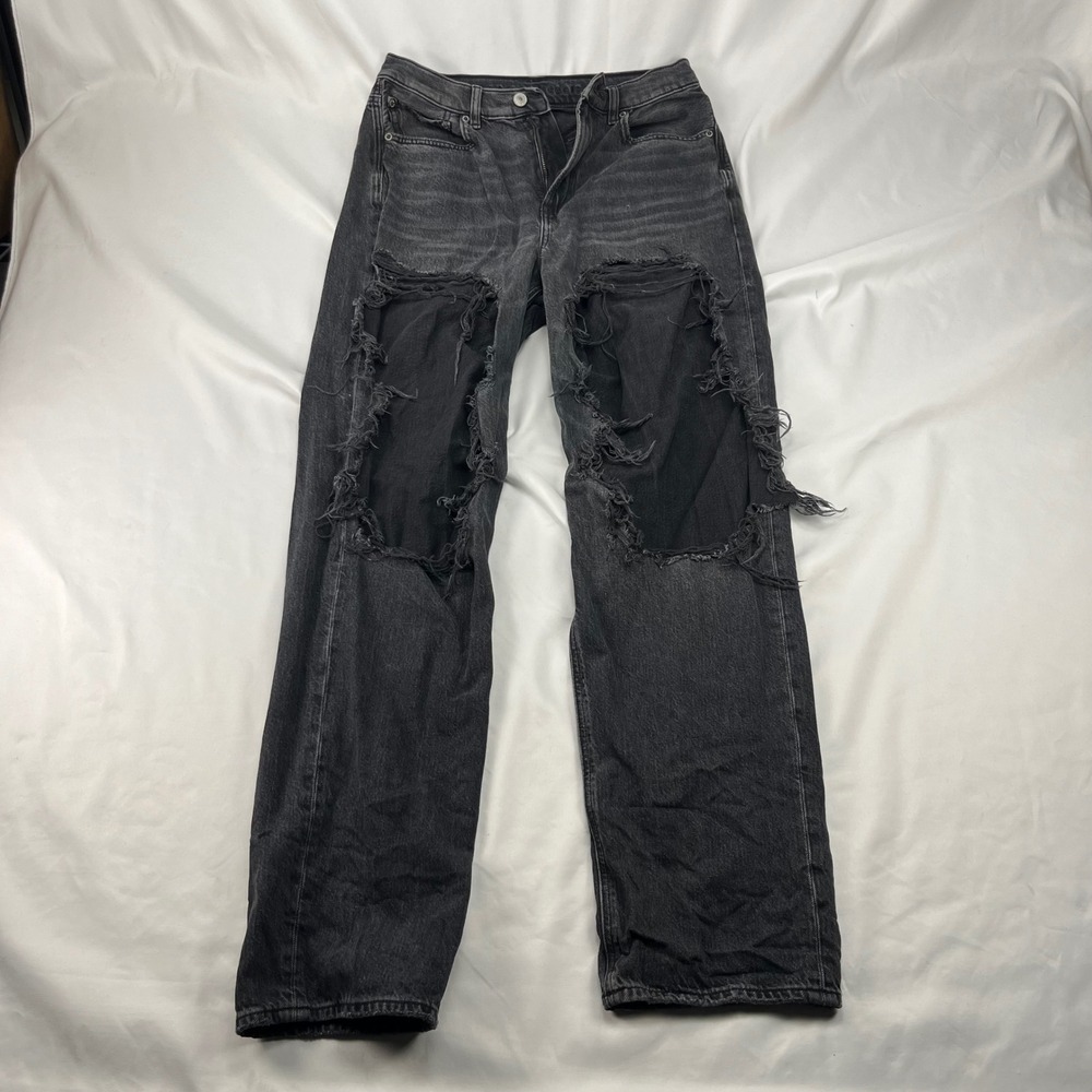 American Eagle High Rise Distressed Straight Leg Black Denim Jeans